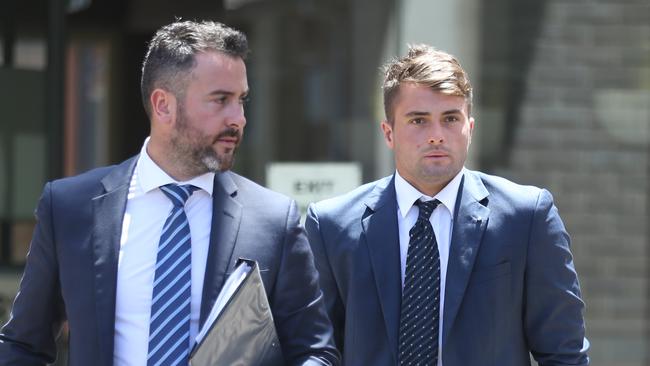 Parramatta Eels player Jaeman Salmon leaves Sutherland Local Court with solicitor Warwick Korn. Picture: John Grainger