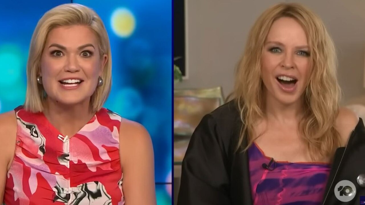 The Project host Sarah Harris tells Kylie Minogue it was Boy George who leaked her new song.