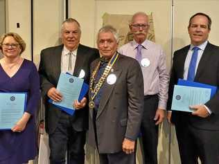 WELCOME: President Warren O'Neill (centre) greets new Rotary members Glenis Lewis, John Lewis, Gerard Van Der Horst and Brad Hill. Picture: contributed