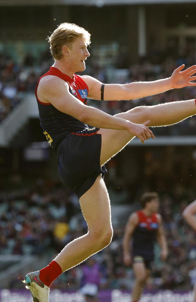 Jacob van Rooyen of the Demons kicks at goal during the third quarter. Picture: Michael Klein