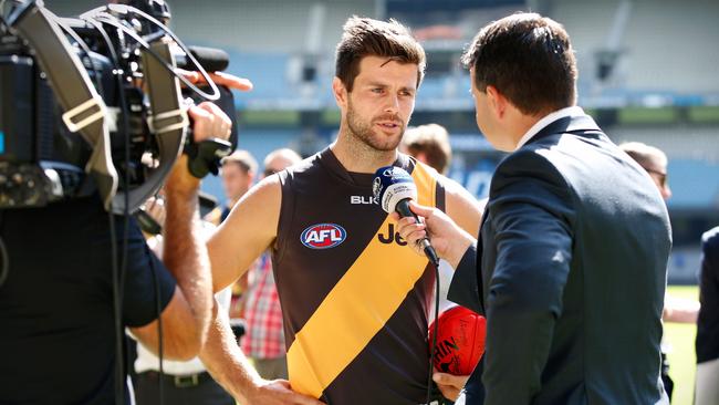 Trent Cotchin of the Tigers addresses the media during the 2016 AFL Captains Day.