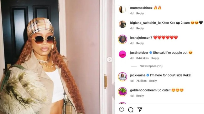 Justin Bieber reignited rumours of trouble in his marriage after he commented on Keke Palmer’s Instagram post. Picture: Instagram