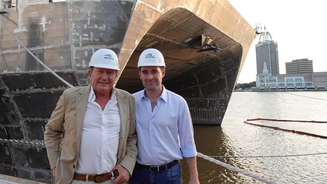 Andrew Forrest and Tattarang chief executive John Hartman visit the Austal shipyard in Alabama on Saturday.