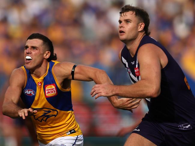 Jake Waterman and Sean Darcy contest a ruck during the Western Derby. Picture: Will Russell/AFL Photos via Getty Images