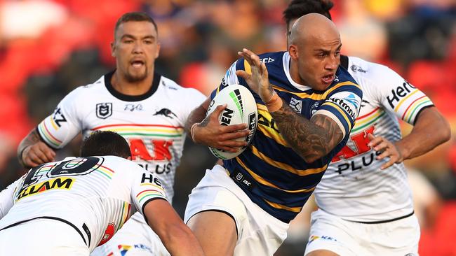 Parramatta’s Blake Ferguson looks to barge through the Penrith defence on Saturday night. Picture: Getty Images 