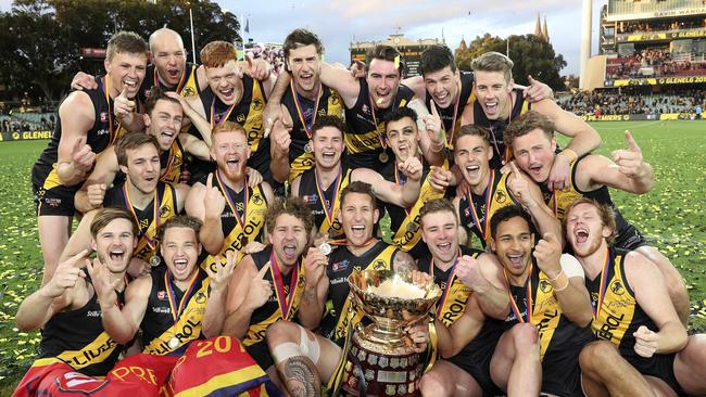 Glenelg celebrate after the 2019 SANFL grand final. Picture: Sarah Reed.