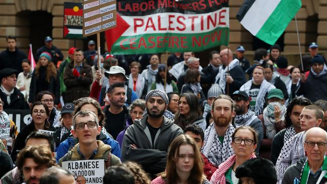 Pro-Palestine activists gather outside the NSW Labor Party Conference. Picture: Getty Images.