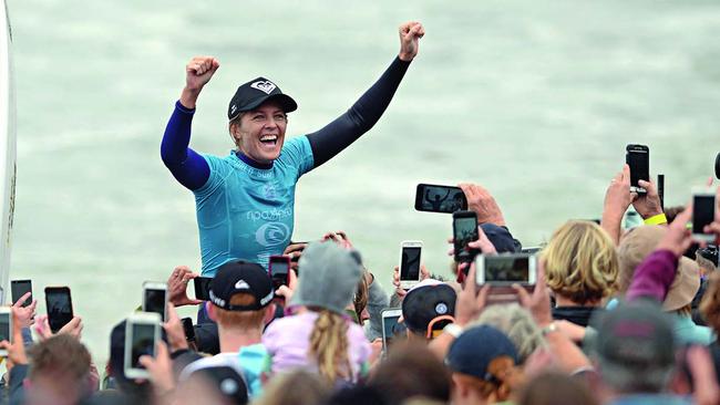 Happiest human: Gilmore celebrates after winning the Rip Curl Pro Bells Beach in April this year. Picture: Drew Ryan/Getty Images