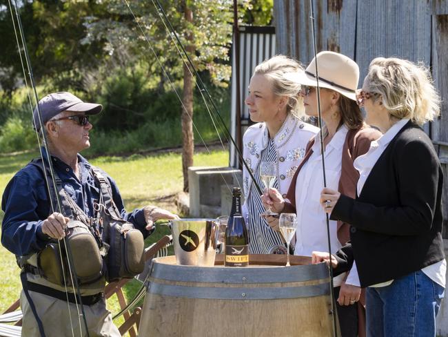 NETWORK SPECIAL. MUST TALK WITH NETWORK PIC DESK BEFORE PUBLISHING. Printhie Wines diversify their business model to reduce risk, fly-fishing in the vineyard. L/R Greg Hayman (Printhie’s resident Fly Fishing expert) Libby Mitchell,  Anna Derham and  Amie Warren.  MUST CREDIT Kirsten Cunningham.