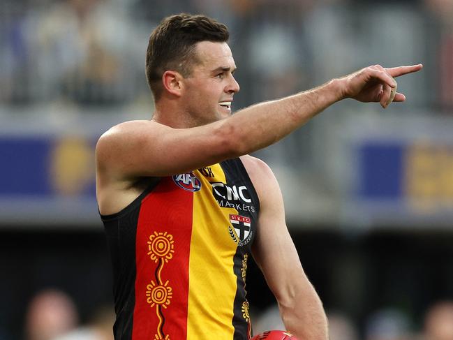 PERTH, AUSTRALIA - JULY 02: Brad Crouch of the Saints in action during the 2023 AFL Round 16 match between the West Coast Eagles and the St Kilda Saints at Optus Stadium on July 2, 2023 in Perth, Australia. (Photo by Will Russell/AFL Photos via Getty Images)