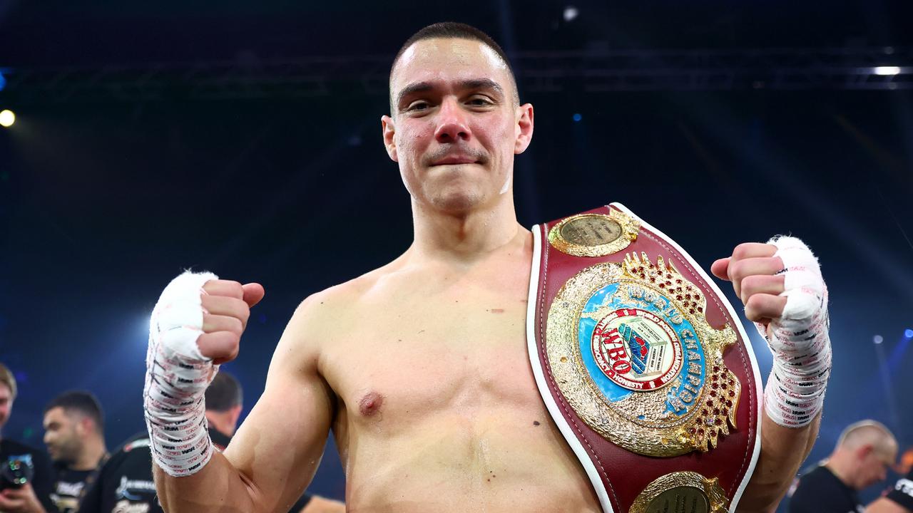 GOLD COAST, AUSTRALIA - JUNE 18: Tim Tszyu celebrates victory over Carlos Ocampo during the WBO Iterim Super-Welterwight title bout at Gold Coast Convention and Entertainment Centre on June 18, 2023 in Gold Coast, Australia. (Photo by Chris Hyde/Getty Images)
