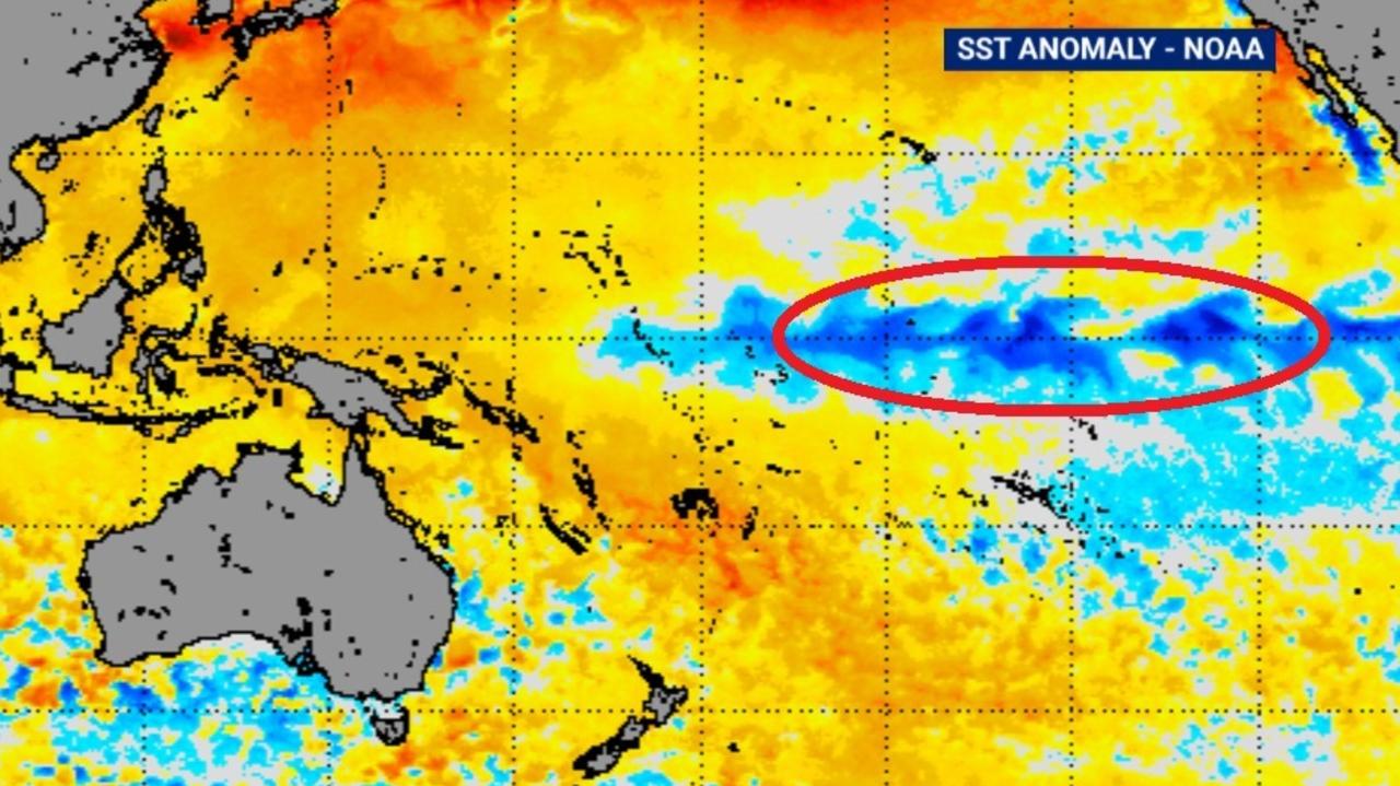 To Australia’s east a large patch of cooler ocean is fuelling a likely La Nina event that can lead to more rain for the continent. Picture: Sky News Weather.