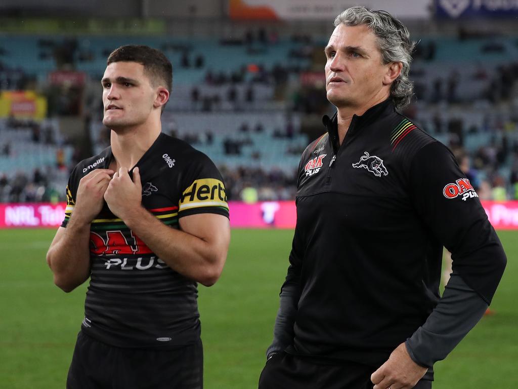 (L-R): Nathan and Ivan Cleary look on following the 2020 NRL Grand Final. Picture: Cameron Spencer/Getty Images