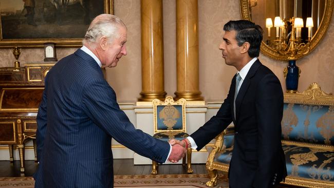 Britain's King Charles III greets prime minister Rishi Sunak. Picture: Aaron Chown/AFP