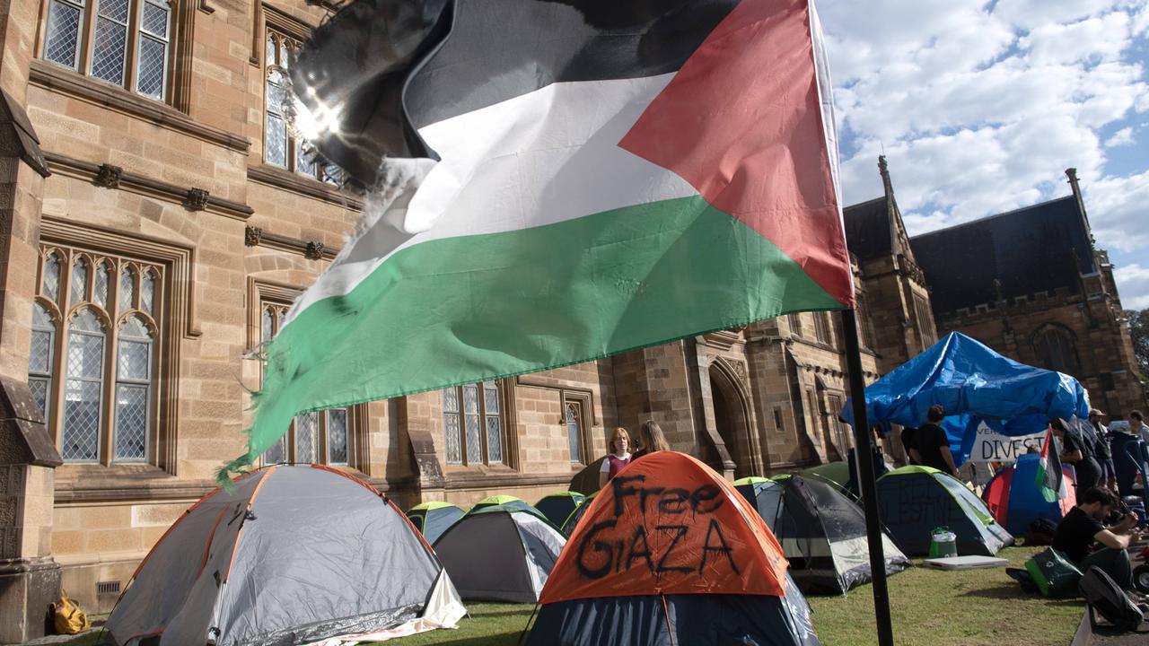 Protesters camp at Sydney University campus calling for the university to cut its ties with weapon manufacturers in Australia. Picture: Jeremy Piper