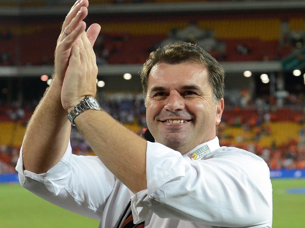 Ange Postecoglou is all smiles after Brisbane Roar’s A-League grand final win over Perth Glory in 2012. Picture: AAP / Dave Hunt