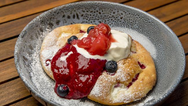 New Currumbin cafe Stones Throw. Raspberry and Ricotta SoufflÅ½ Pancakes  Picture: Jerad Williams