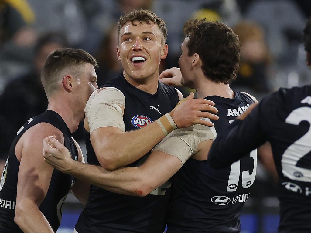 MELBOURNE, AUSTRALIAÃ&#137; June 30, 2024. AFL Round 16. Richmond vs. Carlton at the MCG. Patrick Cripps of the Blues celebrates a 3rd quarter goal. Pic: Michael Klein