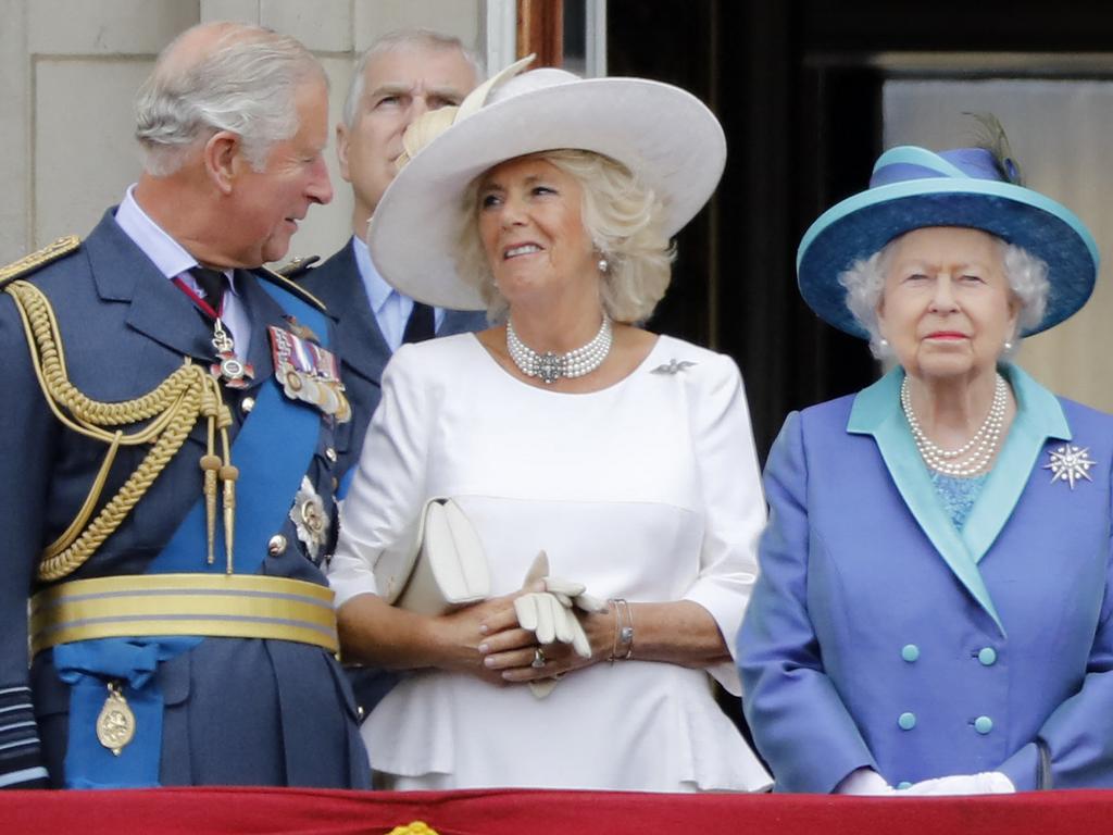 Queen Elizabeth II waves next to Prince Charles, Prince of Wales and Camilla, Duchess of Cornwall in 2018. Picture: Tolga Akmen/AFP