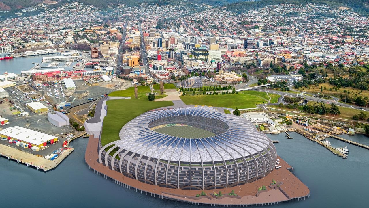 Concept drawings of a new design for a Macquarie Point Stadium by the Stadia Precinct Consortia led by Dean Coleman and Paul Lennon. Picture: SolutionsWon