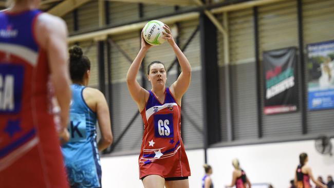 Towering Falcons goaler Jane Cook will be a challenge for the Hawks. Picture: David Smith