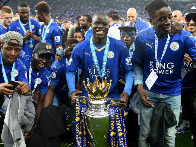 N’Golo Kante poses with the Premier League trophy at The King Power Stadium in 2016 after the Foxes’ magical league triumph. Picture: Michael Regan/Getty Images