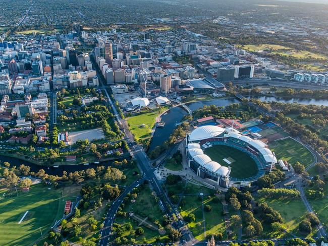 Adelaide Oval and City from the air . aerial , skyline , river torrens . RAH , Festival Centre , King William Street , North Adelaide .   Credit: Airborne Photography