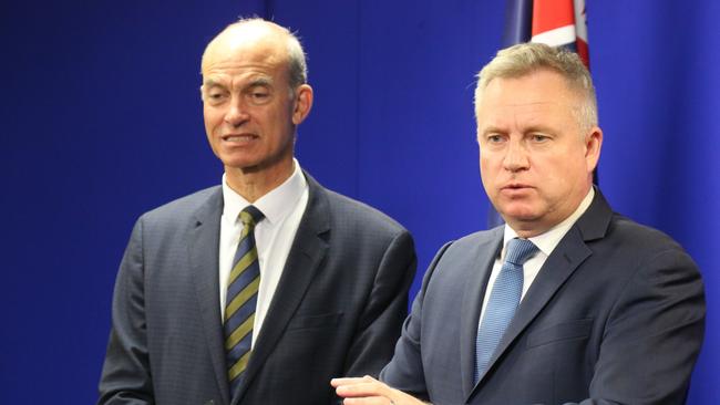 Minister for Energy and Renewables Guy Barnett and Premier Jeremy Rockliff speak to the media at the Executive Building in Hobart on Friday, August 4, 2023.