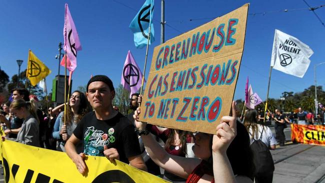 Climate change protesters are seen along Princes Bridge, Melbourne, Saturday, September 14, 2019. Extinction Rebellion activists have blocked Princes Bridge, demanding that the Australian government addresses climate change. (AAP Image/James Ross) NO ARCHIVING. Picture: JAMES ROSS