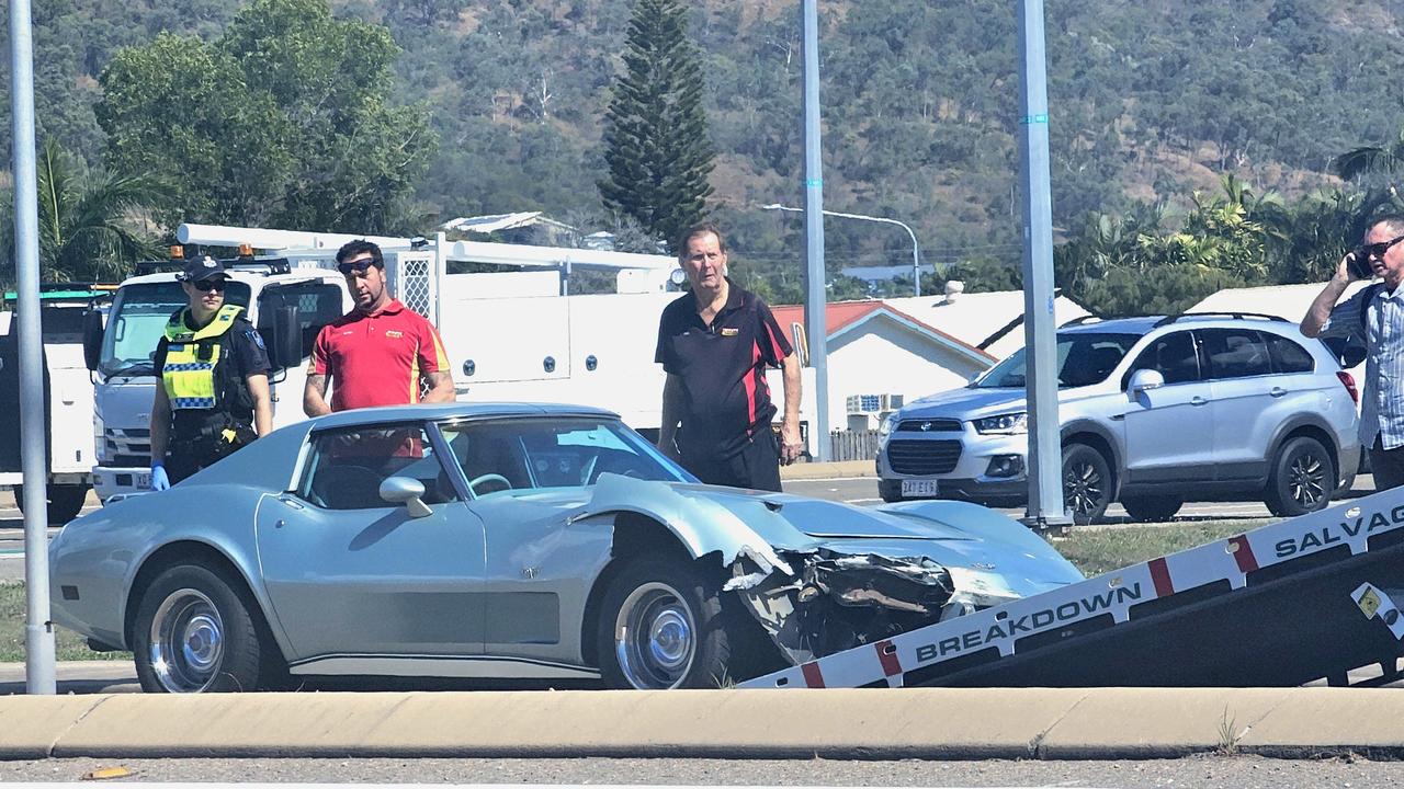 A corvette was damaged during an incident with a stolen white Toyota sedan on Woolcock St. Picture: Natasha Emeck