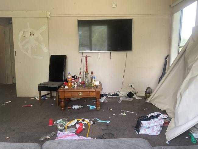Drug paraphernalia strewn across the living room on Monday morning.