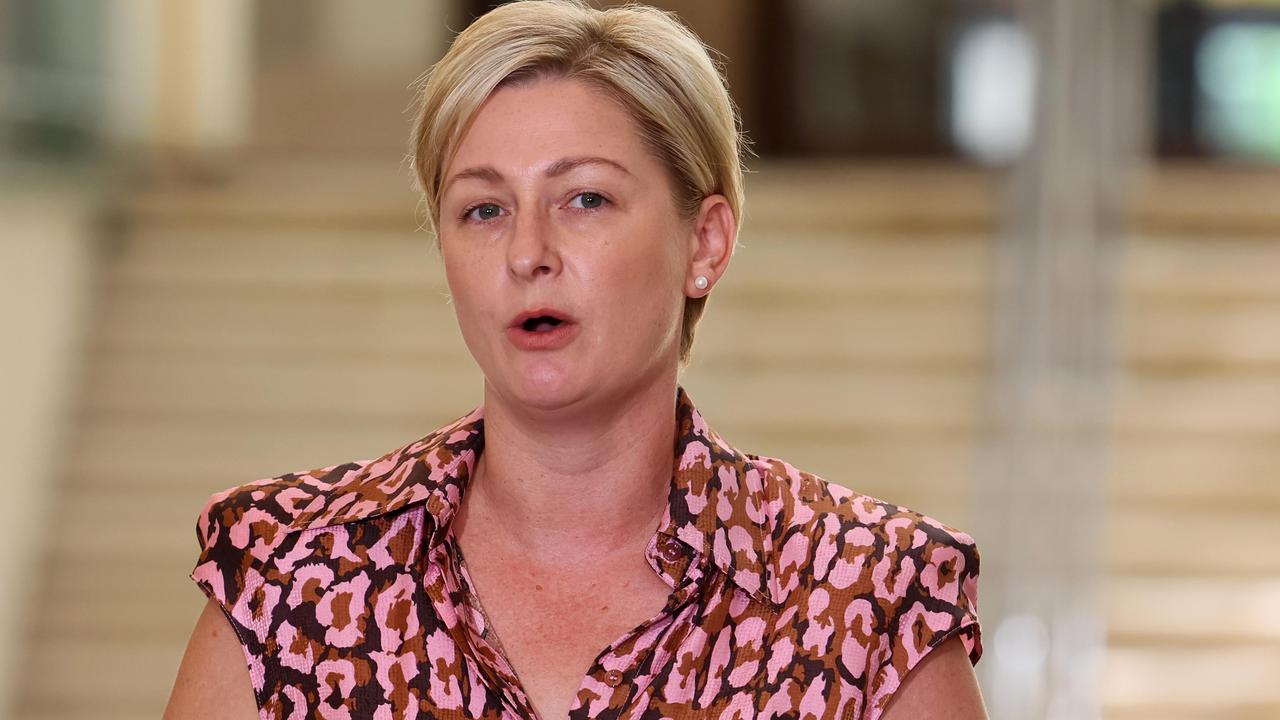 Queensland Minister for Child Safety Amanda Camm, pictured during a January press conference, has been asked questions about the death of a two-month-old baby. Picture: Supplied