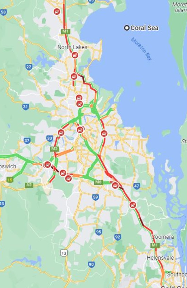 Heavy traffic on main roads out of Brisbane ahead of the middle weekend of the school holidays.