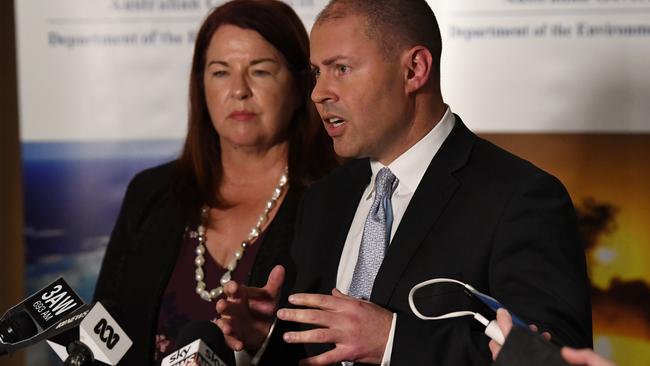 Federal Assistant Environment Minister Melissa Price (left) and Federal Environment and Energy Minister Josh Frydenberg during a press conference at the conclusion of the COAG energy council meeting at the Sofitel in Melbourne, Friday, April 27, 2018. The meeting focused recycling and Australia's waste. (AAP Image/James Ross) NO ARCHIVING