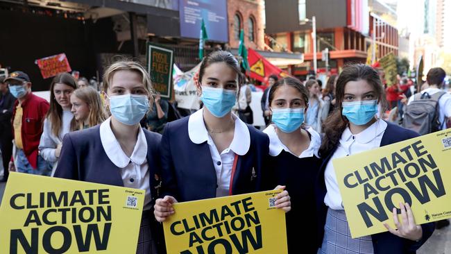 Students Sophia Lark, 17, Fedora Hamori, 17, Lourdes Moya Jones, 16 and Elena Parker 16 took part in the rally. Picture: NCA NewsWire / Damian Shaw