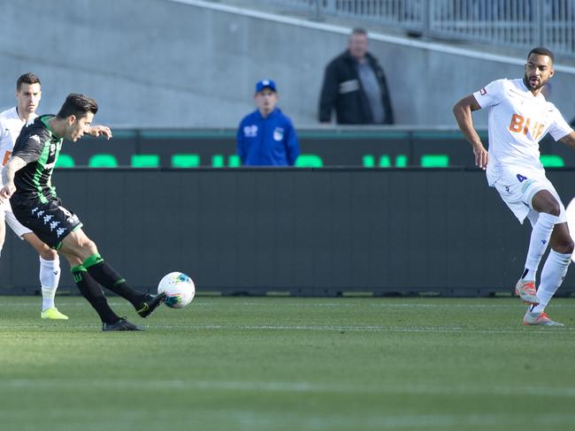 Panagiotis Kone scored Western United’s first ever home goal, in the 1-1 draw with Perth Glory. Picture: Alan Barber