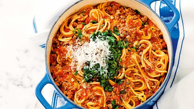 One-pot spaghetti bolognese. Recipe: TASTE.COM.AU