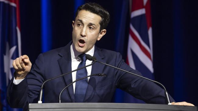 David Crisafulli announced the LNP’s “adult crime, adult time” policy at the Liberal National Party 2024 Convention in South Brisbane on Sunday. Picture: Richard Walker