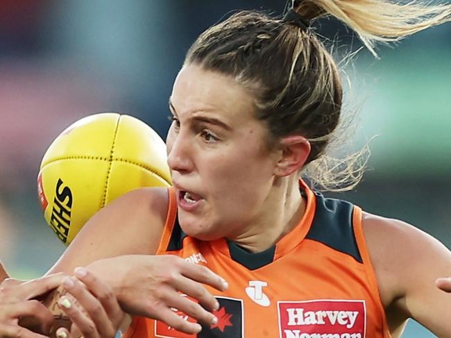 CANBERRA, AUSTRALIA - SEPTEMBER 15:  Annabel Kievit of the Suns competes for the ball against Kaitlyn Srhoj of the Giants during the round three AFLW match between Greater Western Sydney Giants and Gold Coast Suns at Manuka Oval, on September 15, 2024, in Canberra, Australia. (Photo by Matt King/AFL Photos/via Getty Images)