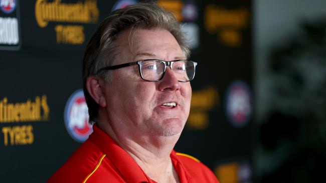 MELBOURNE, AUSTRALIA - OCTOBER 07: Craig Cameron, Gold Coast General Manager of Player Talent and Strategy speaks during the 2024 Continental Tyres AFL Trade Period at Marvel Stadium on October 07, 2024 in Melbourne, Australia. (Photo by Josh Chadwick/AFL Photos via Getty Images)