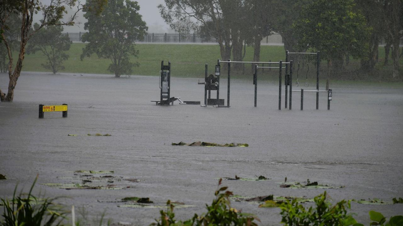 A flooded park opposite Ingham High School (pictured top). The floods in Hinchinbrook Shire, North Queensland. Picture: Cameron Bates