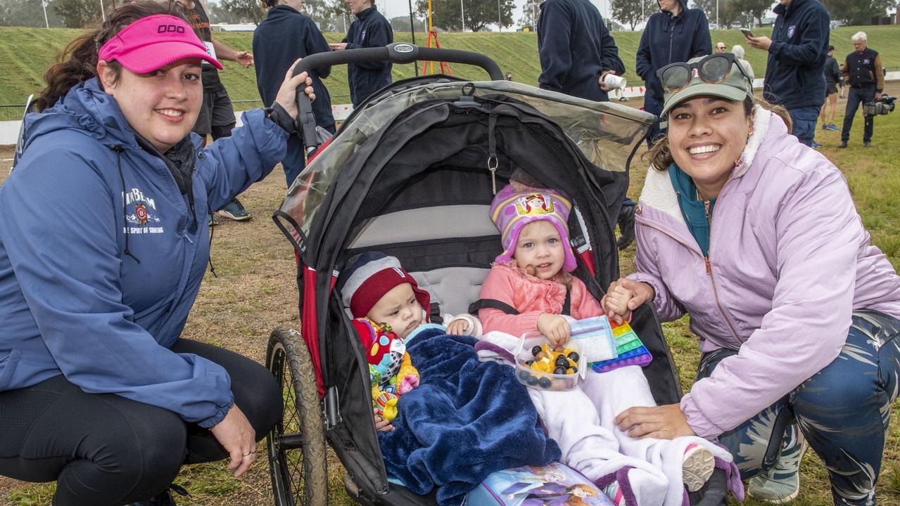 Kristy Kinnear with Jacob, Leah and Carmen O'Grady in the 40 for Fortey relay at Toowoomba Showgrounds. Sunday, May 29, 2022. Picture: Nev Madsen.