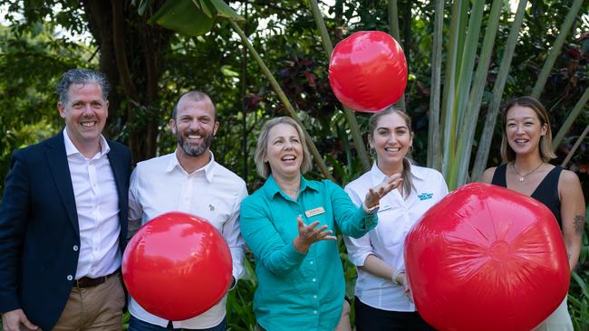 Mark Olsen, Chris Ernst, Kim McConnie, Lani Strathearn and Yolanda Waters celebrate the success of the keepy uppy campaign. Picture Emily Barker.