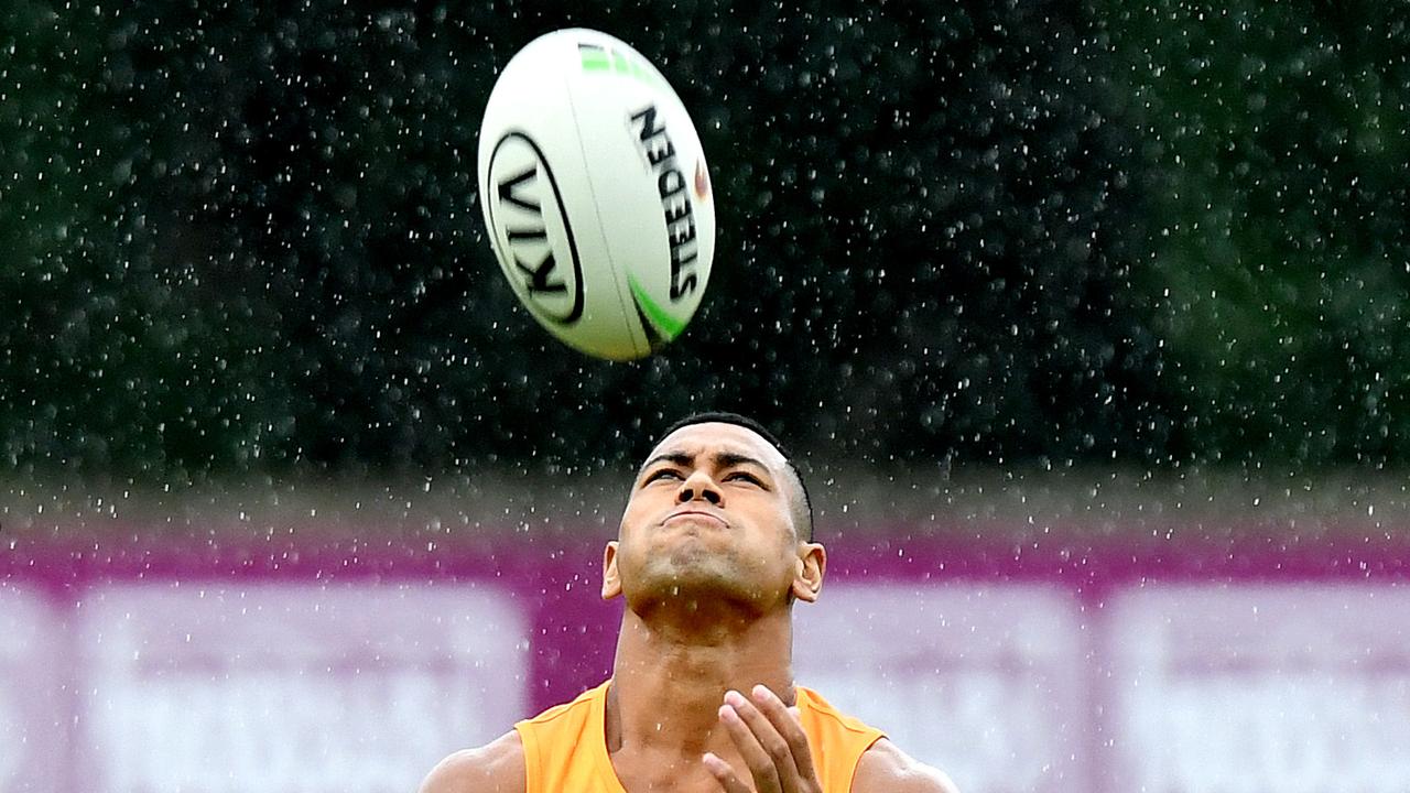Jamayne Isaako catches the ball during a Broncos training session