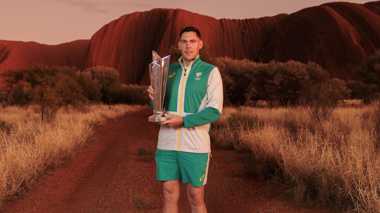 Scott Boland and Shane Watson with the T20 World Cup trophy at Uluru. Picture: Brook Mitchell/Getty Images