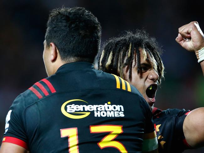 HAMILTON, NEW ZEALAND - MARCH 03: Johnny Faauli of the Chiefs celebrates a try to Anton Lienert-Brown during the round two Super Rugby match between the Chiefs and the Blues at Rugby Park on March 3, 2017 in Hamilton, New Zealand. (Photo by Phil Walter/Getty Images)