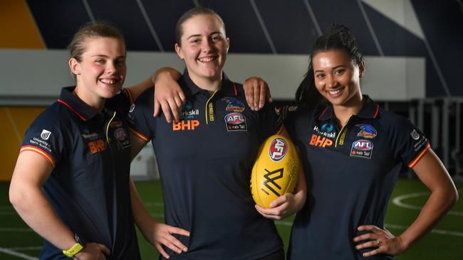 Crows draftees Chloe Scheer, Katelyn Rosenzweig and Hannah Martin at West Lakes on Tuesday. Picture: Tricia Watkinson