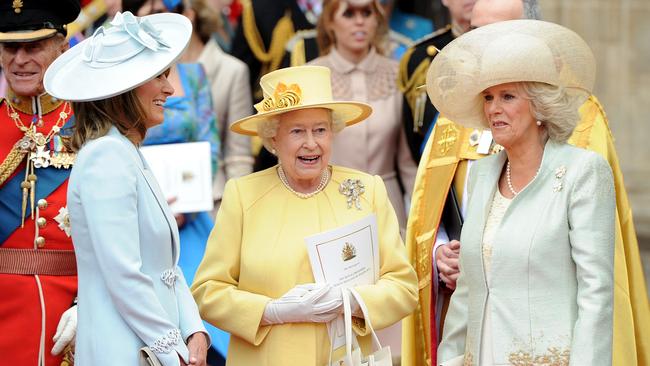 Queen Elizabeth II (C), Carole Middleton (L) and Camilla, then Duchess of Cornwall after the wedding ceremony of Prince William and Kate. Picture: AFP