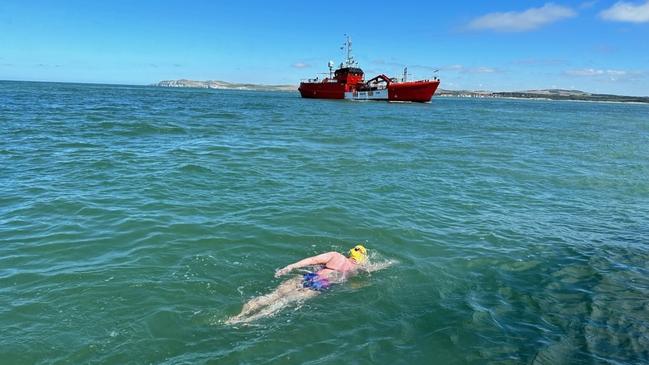 Townsville long-distance swimmer Elizabeth Denyer off the French coast near the end of her 13-hour journey. Picture: Supplied