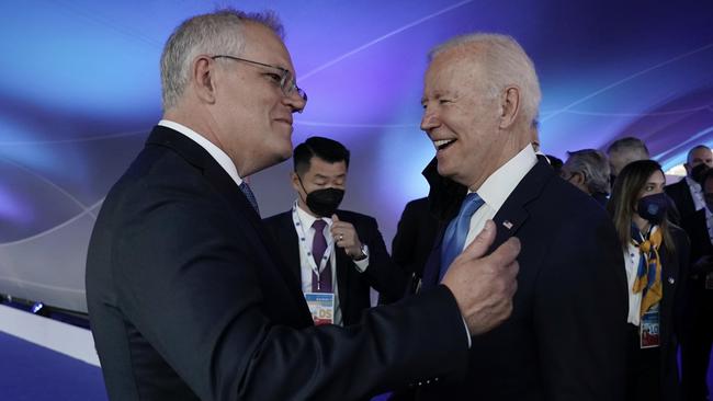 Scott Morrison chats with Joe Biden at the G20 welcome ceremony in Rome last week. Picture: Adam Taylor